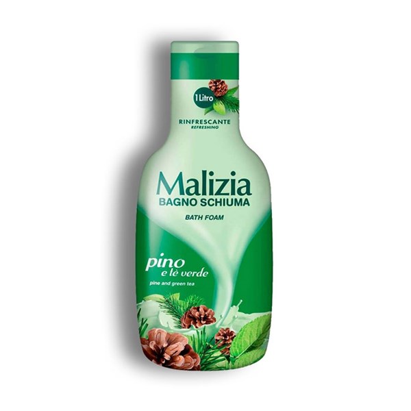 Malizia Refreshing body wash foam contains pine fruit and green tea scents.